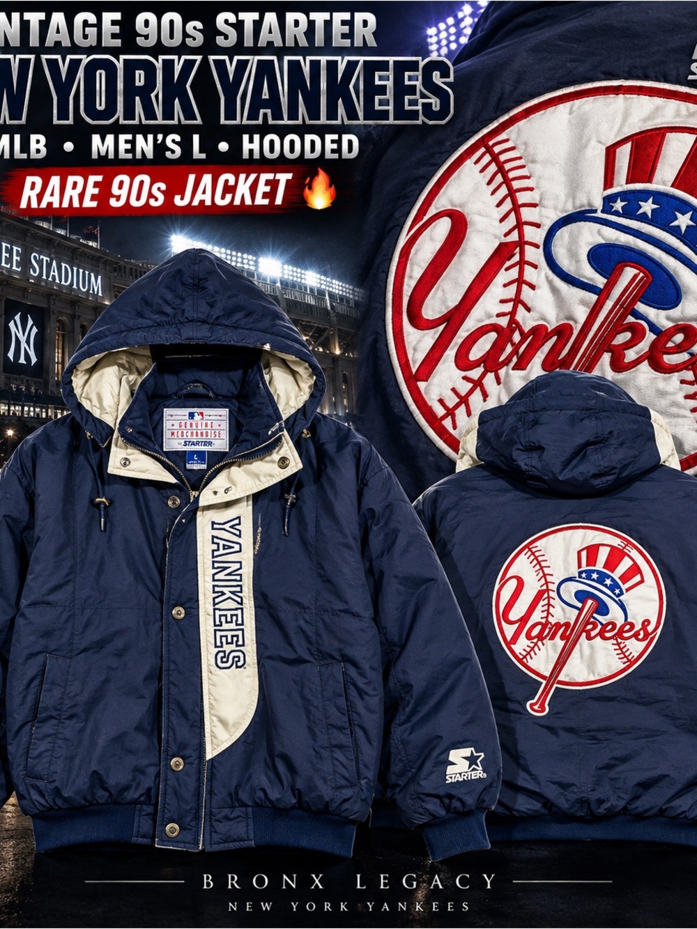 STARTER Navy and Cream New York Yankees Hooded Bomber Jacket